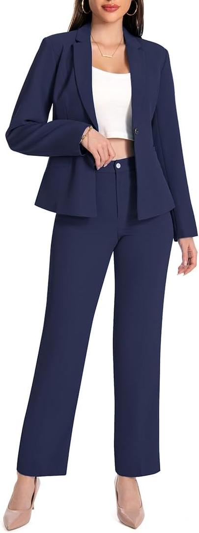 YUNCLOS Womens Suits 2 Piece Set Business Casual Long Sleeve Blazer and Pants Suit for Work Office (Small, Navy Blue)