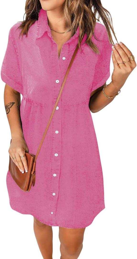 Women's Denim Dress for Women Cute Blue Babydoll Denim Shirt Dress Denim Dress with Pockets, Size: Large