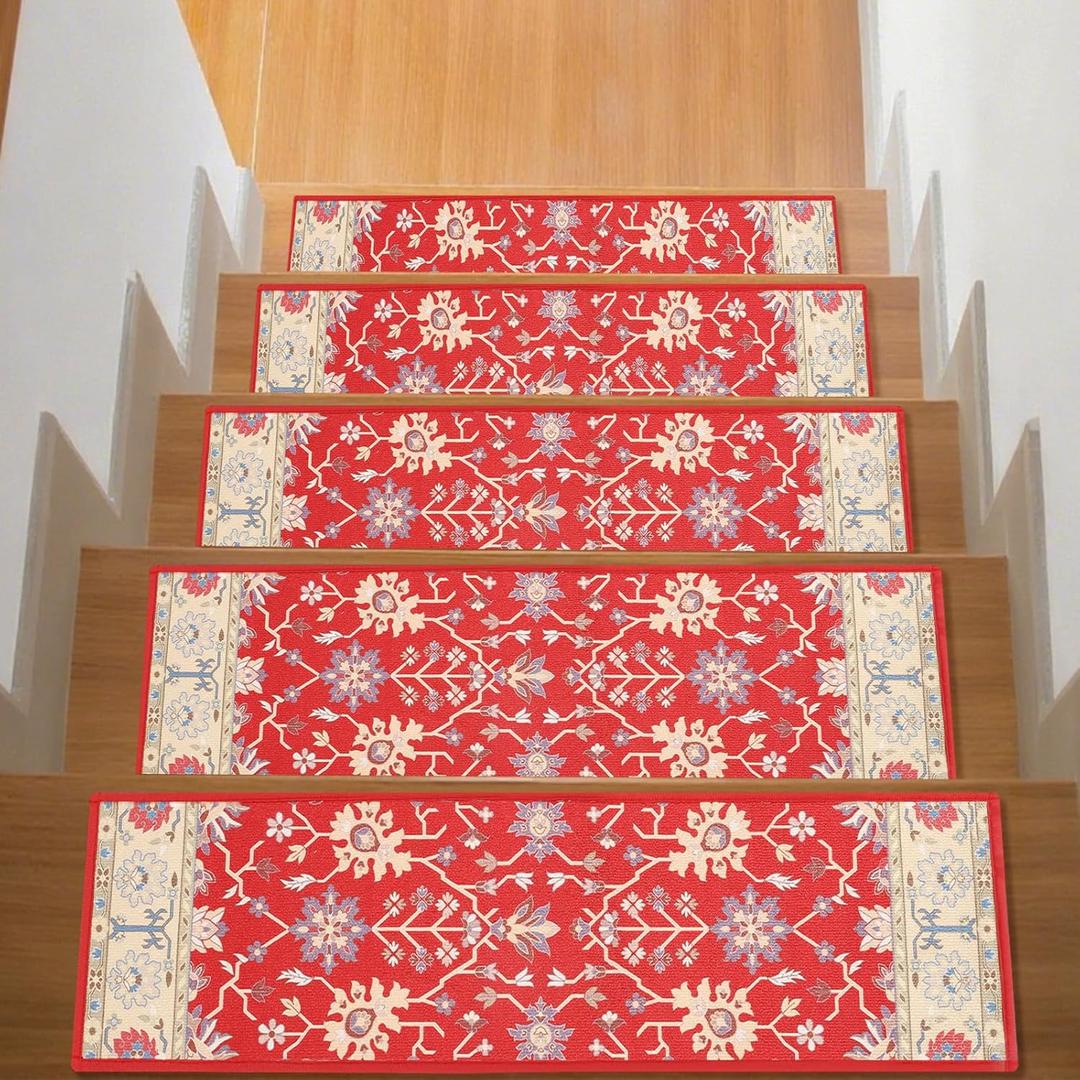 Carpet Stair Treads Non Slip Stair Runner for Wooden Steps Indoor,Resistant Stair Rugs Rubber Backing,Stair Rugs Mats for Kids, Elders,Pets,Retro Pattern,8"x30",4 Pieces