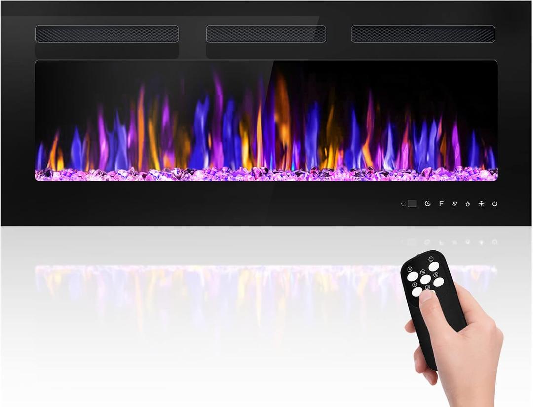 BETELNUT 40" Electric Fireplace Wall Mounted and Recessed with Remote Control, 750/1500W Ultra-Thin Wall Fireplace Heater W/Timer Adjustable Flame Color and Brightness, Log Set & Crystal Options