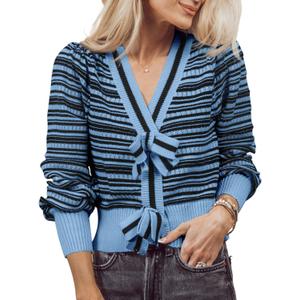 Saodimallsu Womens Striped Cropped Sweaters V Neck Cute Bow Tie Puff Sleeve Loose Knit Trendy Pullover Sweater (Large, Blue)