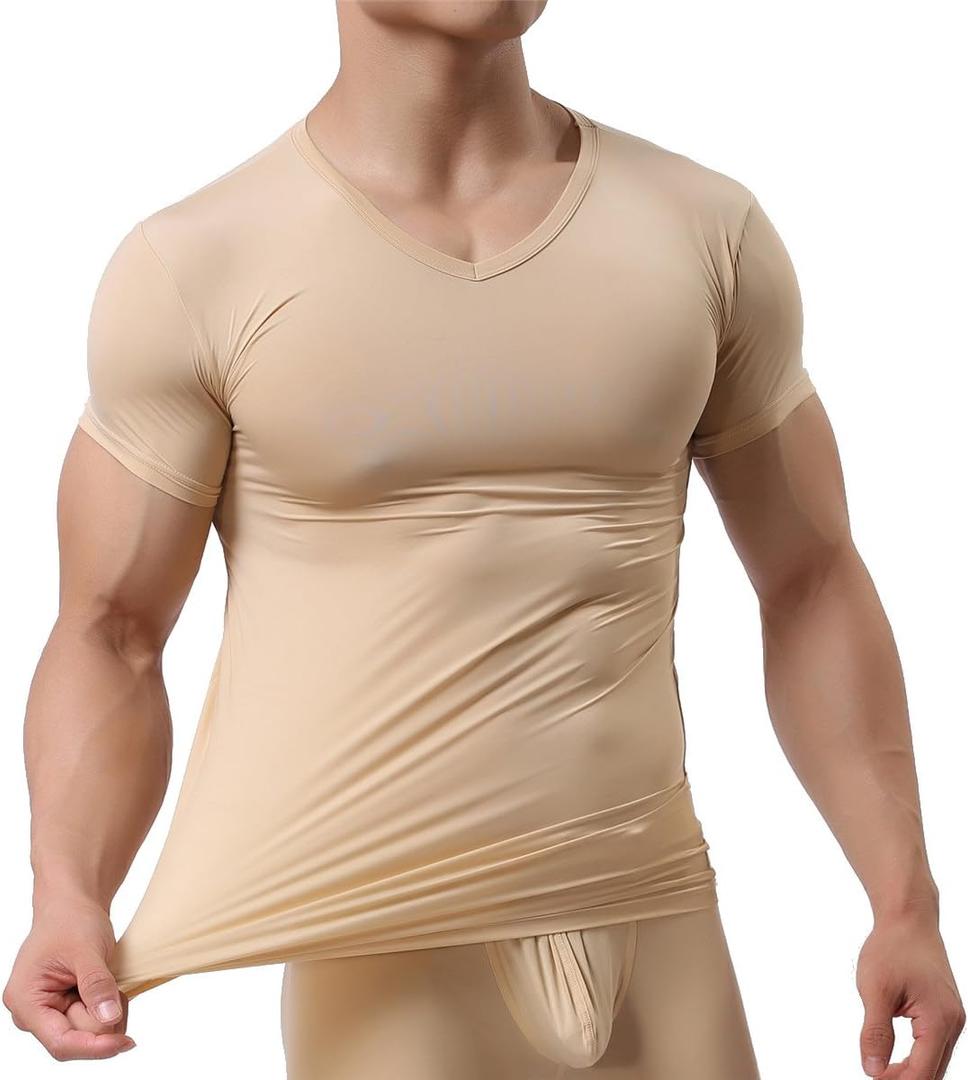 YUFEIDA Men's Sexy Underwear T-Shirt Short Sleeve Mesh Sheer Top Undershirt Sleepwear(Buff M)