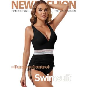 Buauty Women's One Piece Swimsuits Tummy Control Bathing Suits for Womens Color Block Drawstring V Neck Slimming Swimwear 2XL
