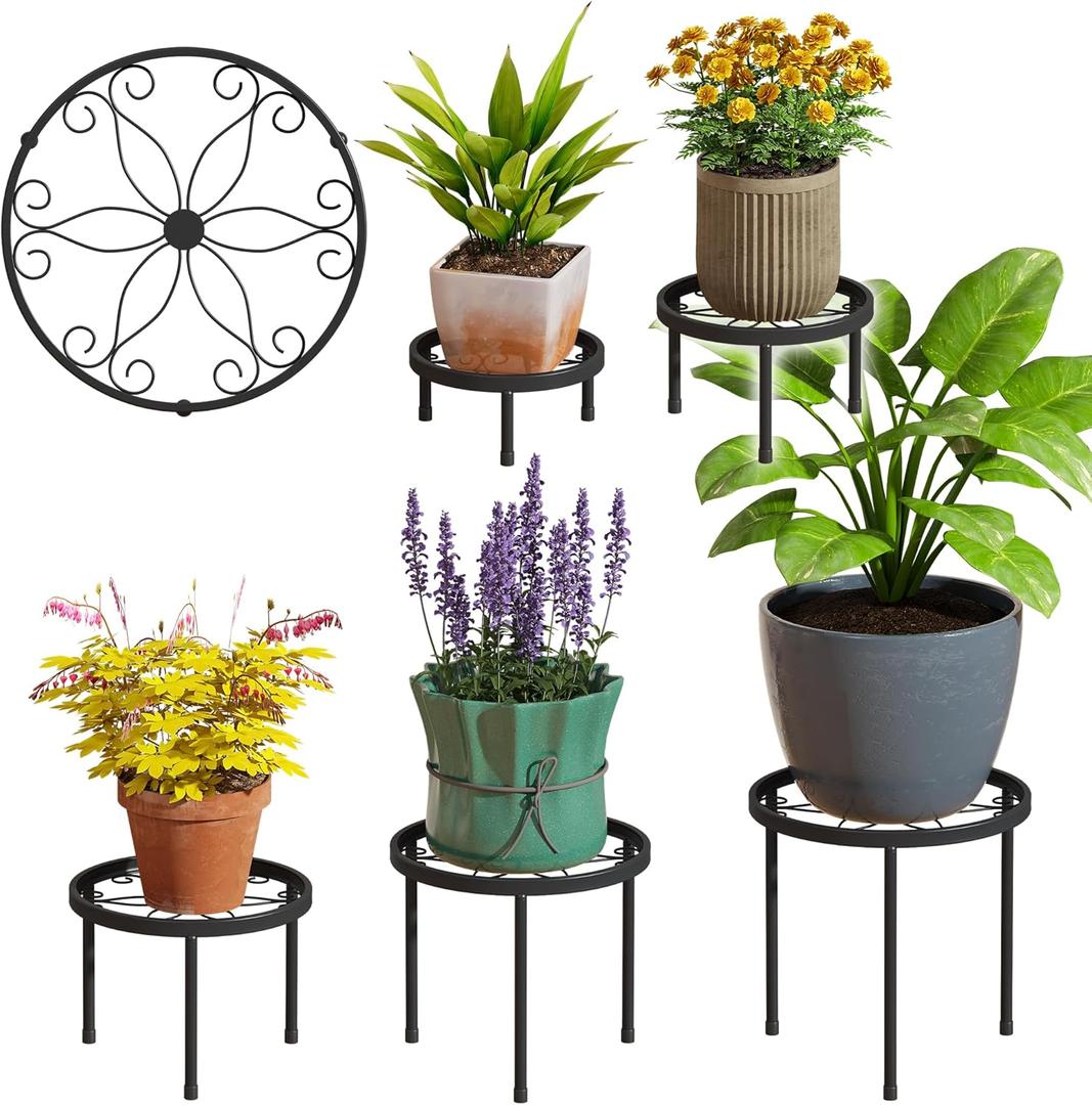 Plant Stand Indoor Outdoor 5 Pack Heavy Duty Metal Stand Multiple Plants, Anti-Rust Iron Flower Pot Stand Decoration Racks Plant Pot Shelf for Living Room Garden Balcony (Black)