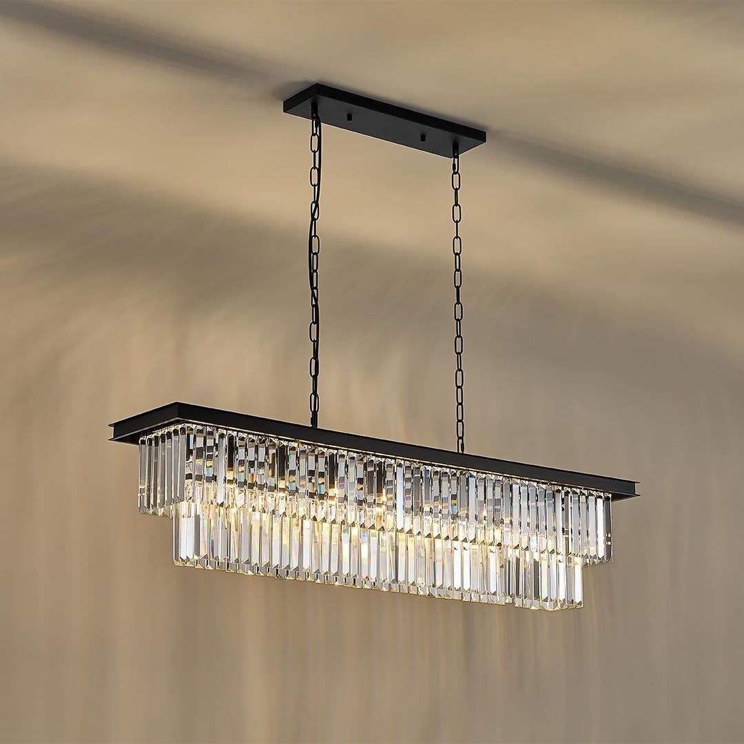 Soilsiu Modern Crystal Chandeliers for Dining Room, Black Linear Light Fixture Over Table,8-Light Height Adjustable Hanging Pendant Light Fixtures for Kitchen Island, Living Room, Bedroom, L47''