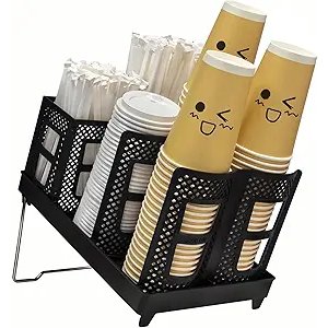 Coffee Cup Holder Organizer Unbreakable 2-IN-1 Paper Cup and Lid Holder with Straw Organizer Adjustable Paper Cup Holder for Countertop Coffee Station Bar Restaurant Breakroom Kitchen Office