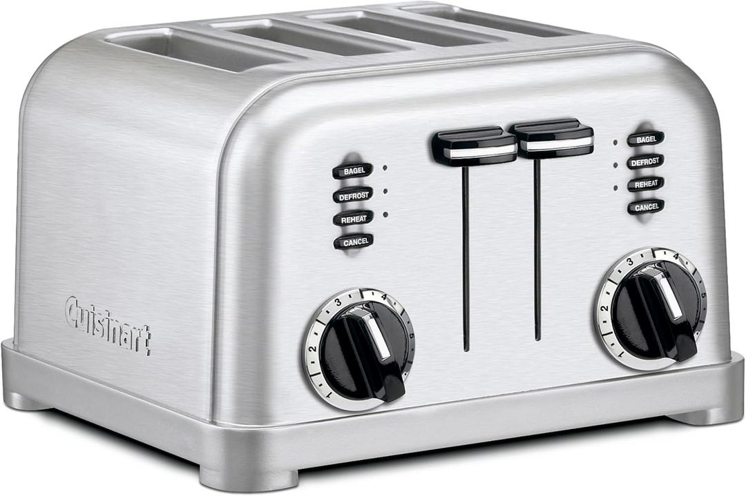 Cuisinart 4 Slice Compact Stainless Steel Toaster with Extra-Wide Slots for Bread, French Toast, Bagels & Pastries, Defrost & Reheat Functions, CPT-180P1, Brushed Stainless, Removable Crumb Tray