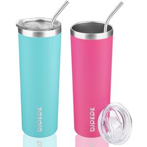 BJPKPK 2 Pack 20oz Skinny Tumblers with Lid Insulated Travel Coffee Cup Stainless Steel Thermal Mug,Turquoise,Pink