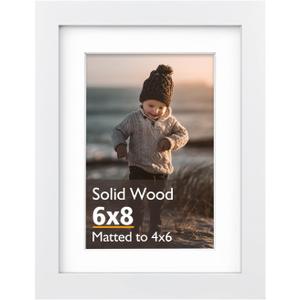 KINLINK 6x8 Picture Frame, White Solid Wood Frame with Acrylic Plexiglass for Pictures 4x6 with Mat or 6x8 without Mat, Tabletop and Wall Mounting Display Photo Frame 1 Pack
