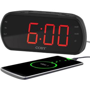 Coby Digital Dual Alarm Clock with FM Radio - Large LED Display Bedside Clock with Battery Backup, USB Phone Charger, Volume, Dimmer, 20 Memory Presets, Snooze, 12/24H, Travel, Home, Office
