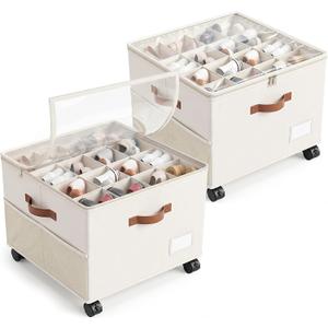 Shoe Organizer for Closet with Wheels - 2 Pack Shoe Storage Box Bin Cubes | Detachable Wheels | Fits 32 Pairs | Adjustable Dividers | Side Pockets | Clear Cover | Foldable | Stackable | Label Holder