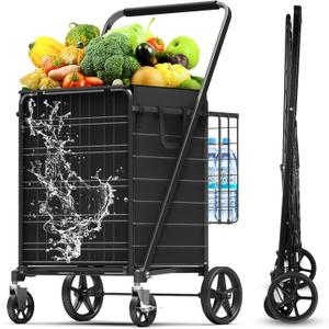 5.0 Cu Ft Folding Shopping Cart - 480 LB Capacity Grocery Cart with 360 Braked Swivel Wheels - Heavy Duty Utility Cart with Double Basket & Removable Waterproof Liner with Lid for Laundry