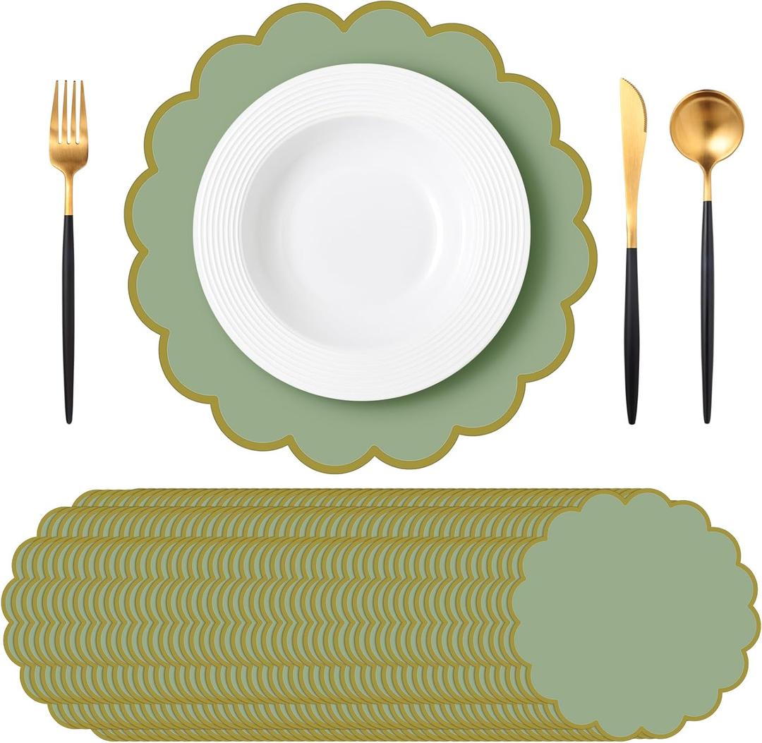 Tinlade 50 Pcs Paper Placemats, 13.5 Inch Disposable Scalloped Placemat, Decorative Round Table Place Mats for Birthday, Wedding, Bridal Shower, Baby Shower, Tea Party, Dining Tableware(Sage Green)