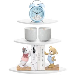 Greensen Floating Corner Shelf 3 Tiers Wall Mounted Shelves Radial Shape for Home Decor Bedroom Living Room Bathroom Kitchen Office, White