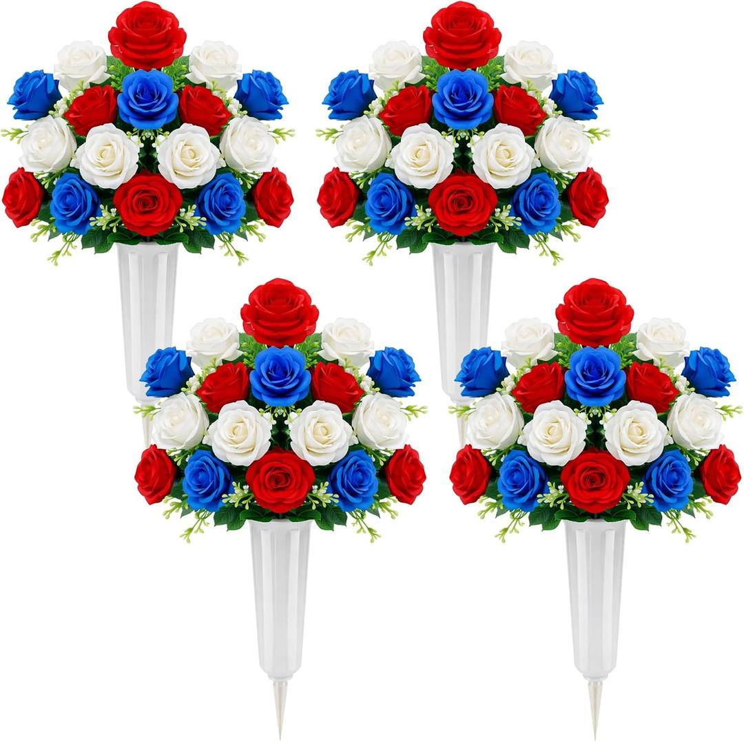 Suncalla 4 Pack Memorial Day Artificial Cemetery Flowers with Vase Patriotic Realistic Fake Silk Roses Red White Blue Outdoor Grave Decoration Rose Flowers Bouquet for 4th of July Independence Day
