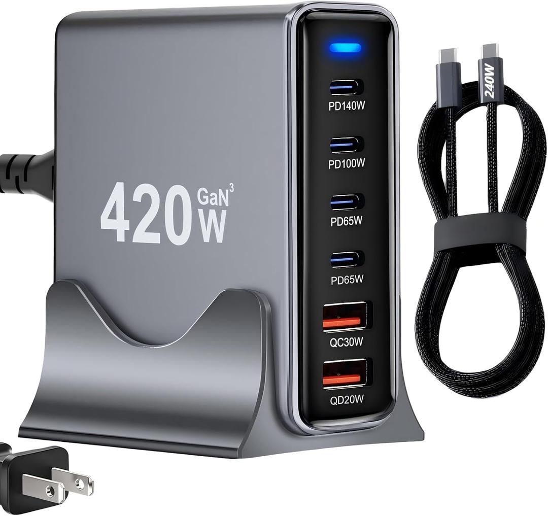 420W USB C Fast Charger Block, PD 3.1 140W USB C Charging Station, GaN Multi-Port PD PPS Fast Charging Station for Multiple Devices,Laptop Wall Charger Compatible with MacBook iPad iPhone 17/16 etc