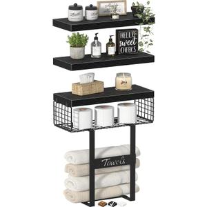 Bathroom Shelves Over Toilet - Floating Shelf for Wall Above Toilet Towels Holder Small Farmhouse Decor Shelves (15.7 inch, Set of 3, Black)