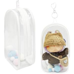 Clear Doll Display Bag Keychain - Portable Hanging Storage Case for Blind Boxes, Mini Figures, Anime Collectibles, Dustproof PVC Organizer with Pompom Balls (7.4 Inches)