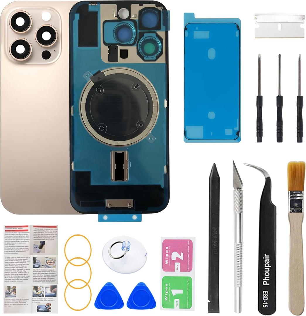 OEM Back Glass Replacement Compatible with iPhone 16 pro max 6.9 Inches with Camera Frame and Camera Lens + Professional Repair Tool Kit and Installation Instruction (Desert Titanium)