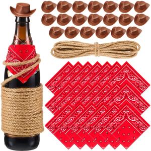 Leitee 20 Sets Mini Cowboy Hats for Crafts Plastic Tiny Cowgirl Hat with Bandannas for Western Cowboy Party Decoration