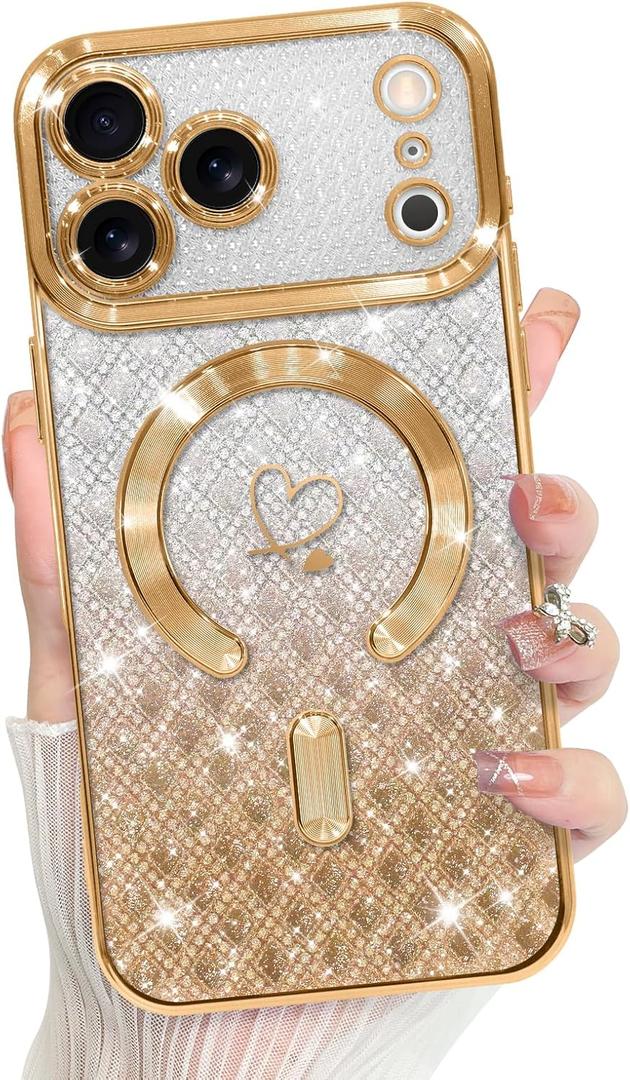 Bonoma Compatible with iPhone 17 Pro Case 2025 Support for MagSafe, Plating Heart Glitter Magnetic Checkered Case TPU Camera Protection Back Cover for Girls Women -Gold