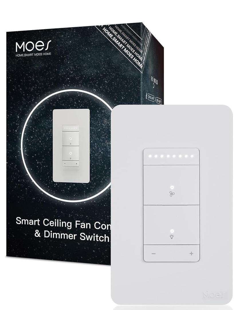 MOES Star Ring Smart Ceiling Fan Control and Dimmer Light Switch, 2.4GHz WiFi Smart Switch, 4-Speed & 1-100% Dimmable, Neutral Wire Required, Smart Life APP, Compatible with Alexa & Google Home