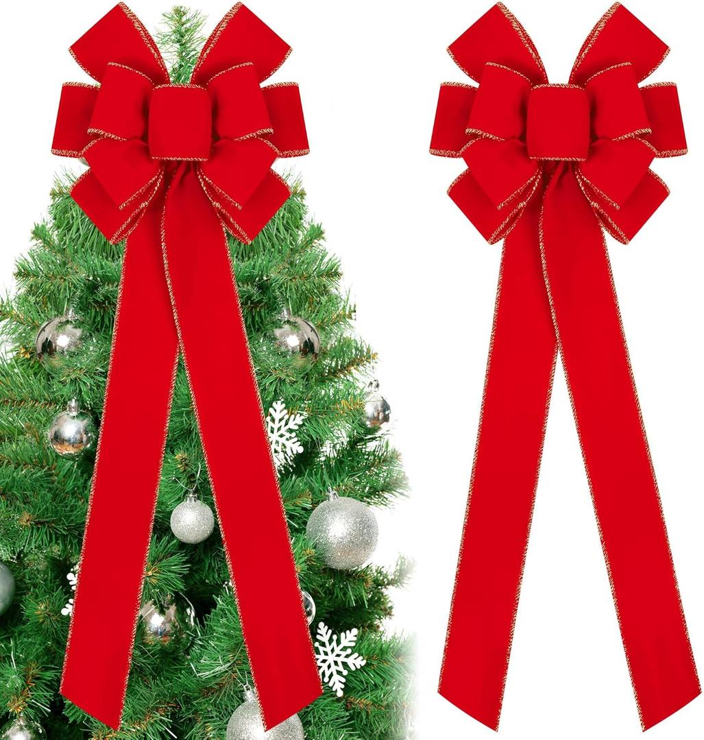 Fovths 2 Pieces Red Christmas Bows 30.7 x 10.6 Inches Large Velvet Christmas Wreath Bow with Glitter Gold Edge Christmas Tree Topper Ornament Bow for Christmas Home Indoor Outdoor Door Decor