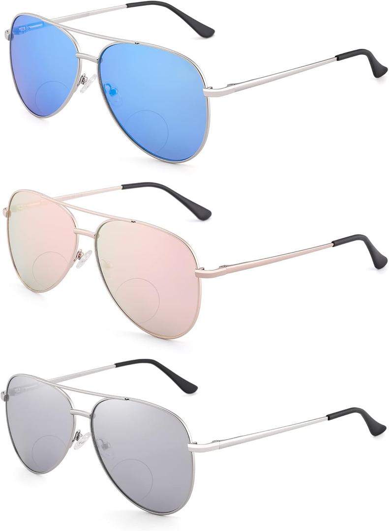 3 Pack Bifocal Reading Sunglasses for Women Men, Aviator Sun Readers Glasses Mirrored Shades UV400 +1.75