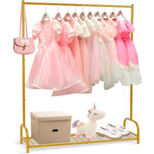 AUPSEN Kids Clothing Rack with Bottom Storage Shelf, Metal Toddler Dress Up Rack for Little Girls, Kids Dress Up Clothes Storage for Coats, Skirts, Dance Costume（Gold）