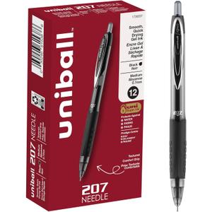 uniball 207 Needle Retractable Gel Pens, Medium Point (0.7mm), Black, 12 Pack
