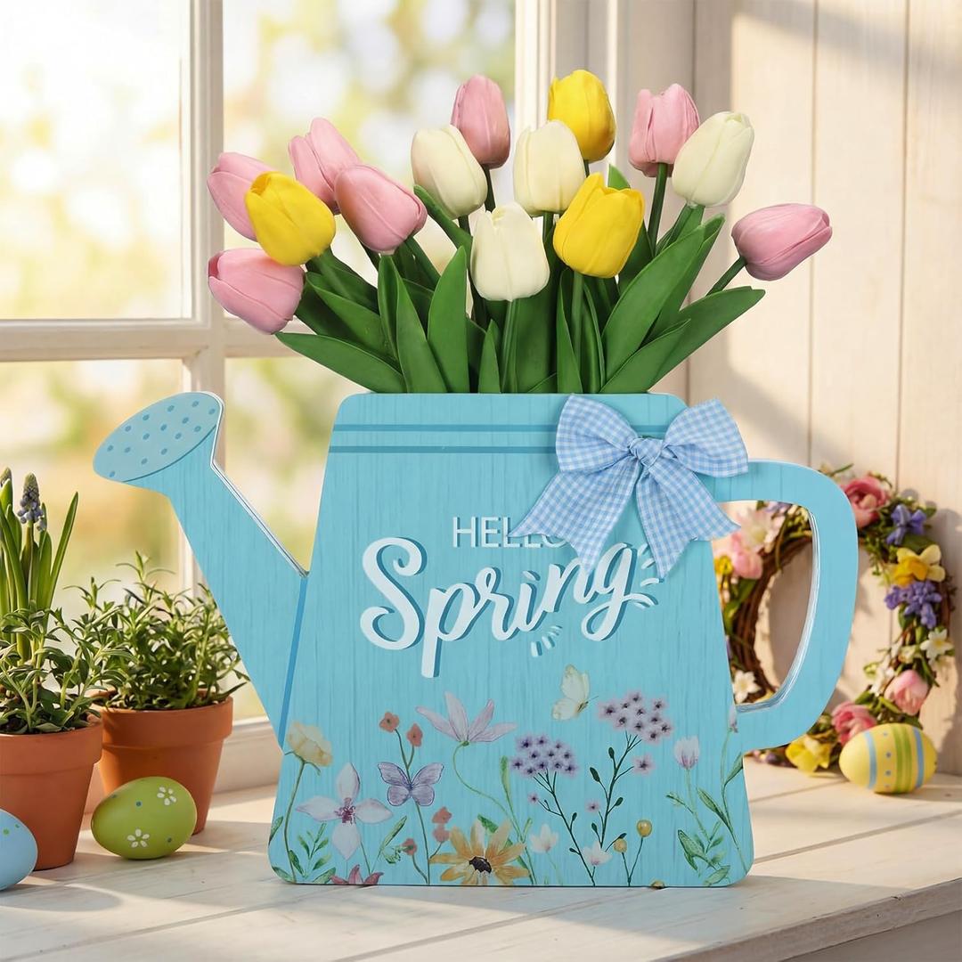 Zeyune Spring Tulips Centerpieces for Tables 14 Inch Colorful Tulips Table Decorations Centerpiece with 14 Artificial Flower Hello Spring Door Sign for Table Kitchen Home Dining Room Decor