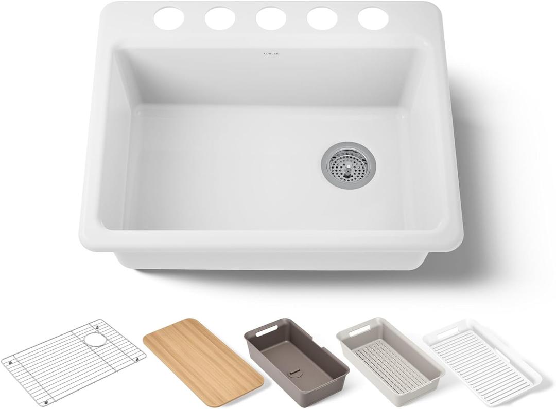 Riverby 27" Undermount Single Basin Cast Iron Kitchen Sink with Basin Rack and Cutting Board (White)