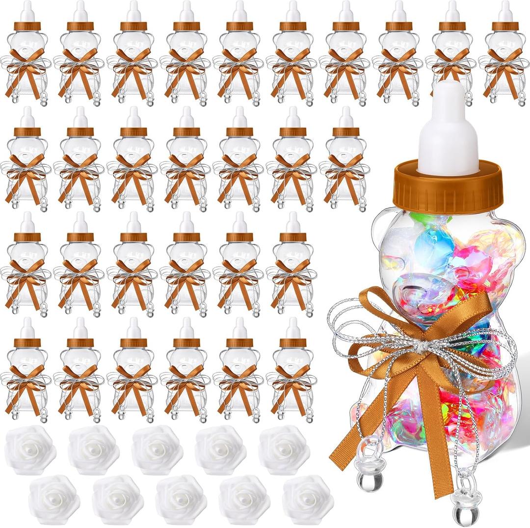 48 Pcs 4.7 Inches Baby Shower Bear Bottles Bulk Mini Clear Milk Plastic Bear Candy Bottles with Ribbon Artificial Roses for Baby Shower Favor Gift Newborn Party Decor(Brown)