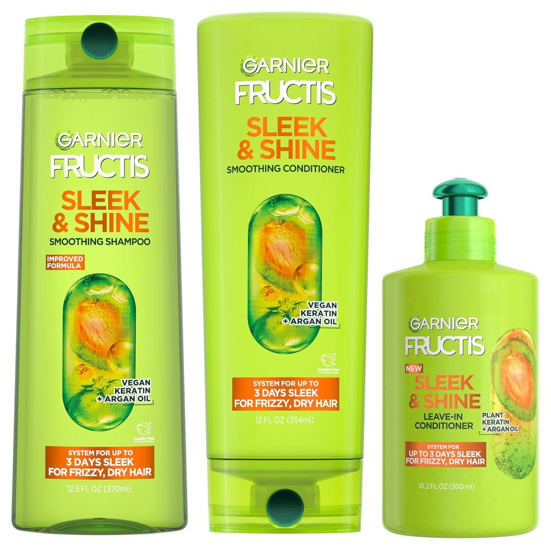 Garnier Fructis Sleek & Shine Shampoo, Conditioner + Leave-In Conditioer Set for Frizzy, Dry Hair, Plant Keratin + Argan Oil (3 Items), 1 Kit