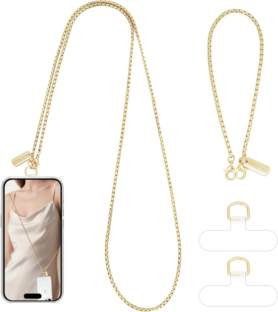 Universal Phone Lanyard Set, Cellphone Chain Crossbody*1 Phone Wrist Strap*1 with 2 Tether Tabs for iPhone 16 and Most Smartphones, iPhone Charm for Women Girls Party Traveling Shopping, Gold (Extended)