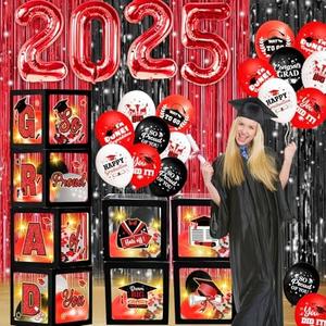 Pack of 2, Red Black Graduation Decorations Class of 2025 Graduation Balloon Boxes with Letters 2025 Grade Party Decorations with Lights for Class of 2025 Grade Party Supplies