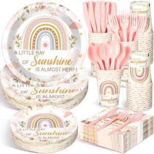 Dandat 350 Pcs Baby Shower Party Supplies Serves 50 Tableware Sets Include Plates Napkin Cup Forks Knives Spoons Disposable Dinnerware (Boho Style,Pink)