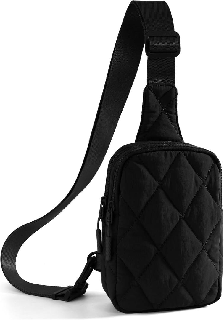 Quilted Puffer Sling Bag for Women Small Backpack Crossbody Chest Bag Fanny Packs Purses for Casual Traveling Hiking (Black)