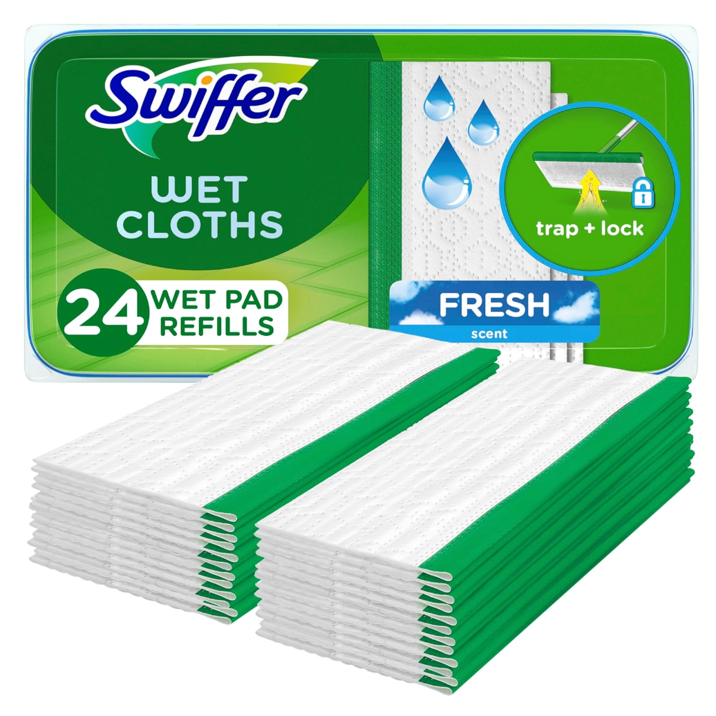 Swiffer Sweep + Mop, Wet Pads Refill, Floor Cleaner for Dirt, Dust, Hair, Cleaning Cloths for Mopping Home, Bathroom, Kitchen, All Purpose MultiSurface Floor Wipes, Fresh, 24ct