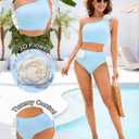 Women Bestselling Bikini Sets One Shoulder Swimsuits 2 Piece Tummy Control Bathing Suits High Waisted Floral 2025 (Blue, XL)