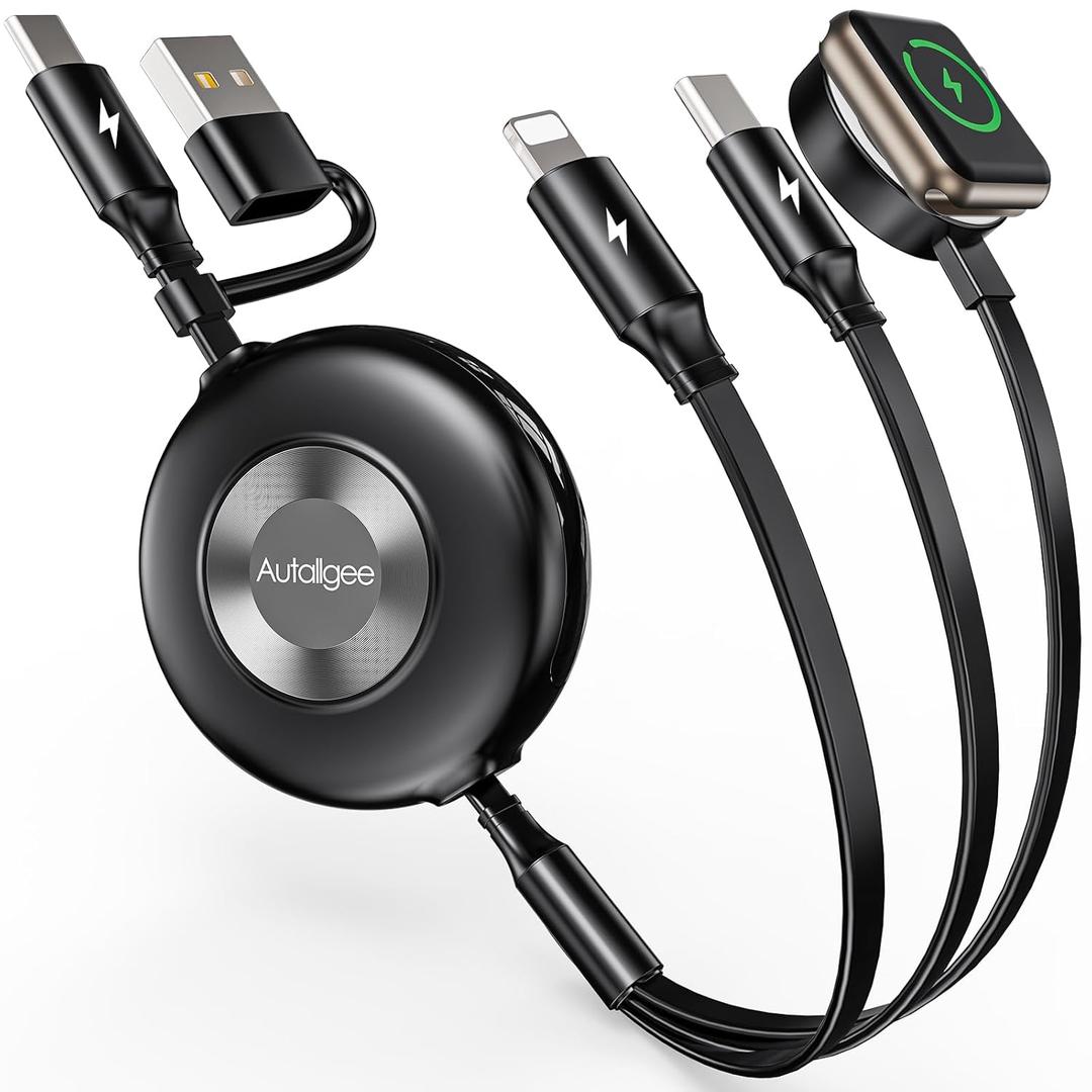 Retractable Multi Charging Cable, 3 in 2 Retractable Charging Cable for Apple Watch Charger/USB C/L, Retractable Chargers for Multiple Devices for iWatch Ultra/10-2/iPhone 17-11/Samsung S25-S20
