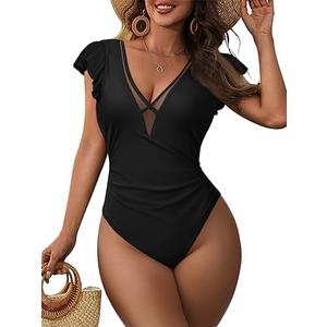 AI'MAGE One Piece Swimsuits for Women Sexy Mesh Deep V Neck Bathing Suit Ruffle Cap Sleeve Tummy Control Swimwear M