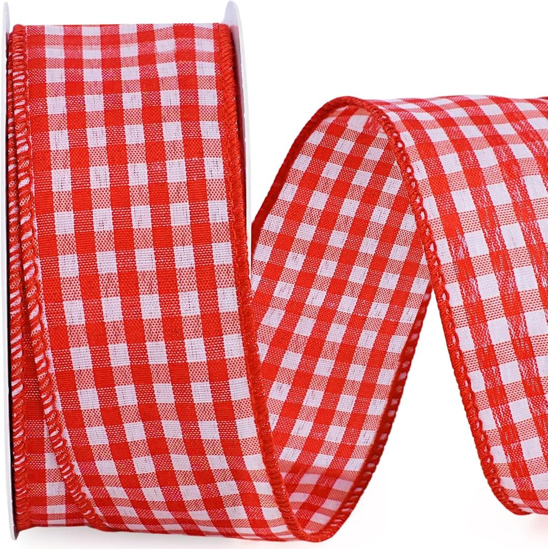 LaRibbons Red Gingham Ribbon Wired 1 1/2 Inch x 10 Yards Check Plaid Ribbon for Gift Wrapping Christmas Tree Wreath Bow Outdoor Decoration