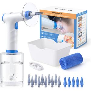 Ear Wax Removal, Electric Ear Cleaning Kit with Light, FSA-HSA-Eligible, Ear Irrigation Kit with 4 Pressure Modes, Safe and Effective Ear Flush Kit with Ear Cleaner - Includes Basin, Towel & 15 Tips (Blue)