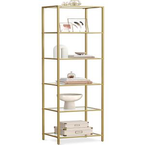 VASAGLE Bookcase, 6-Tier Bookshelf, Slim Shelving Unit for Bedroom, Bathroom, Home Office, Tempered Glass, Steel Frame, Metallic Gold ULGT500A01