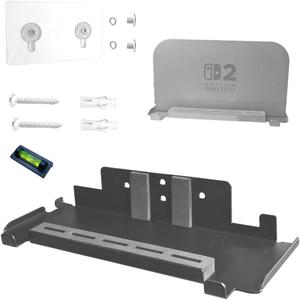 Wall Mount Bracket for Nintendo Switch 2/Switch OLED(Drill Free,Heavy Duty Sticker Installation,Sturdy Metal,5 Game Cards Holder,2 Joy-con Hanger,Easy Install Behind TV,Black)