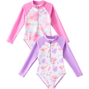 Angel season Girls Long Sleeve Swimsuits One Piece Rash Guard Bathing Suit UPF50+ Toddler Kids Zipper Swimwear Size 2-10 (7-8 Years, 2 Pc Pink/Purple)