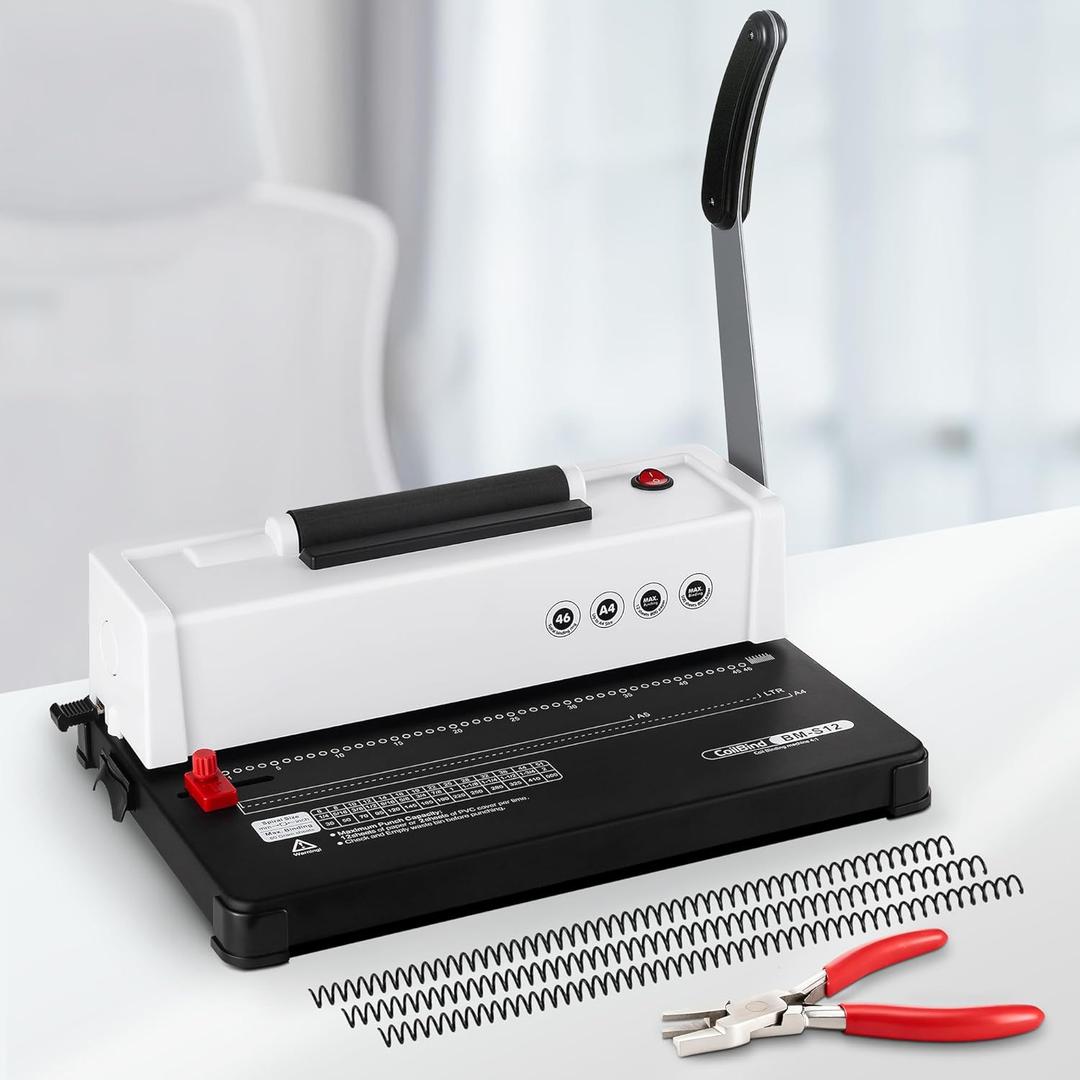 Lumoshine Spiral Coil Binding Machine, 12 Sheets Punch Capacity, Electric Coil Insert, Book Binder Machine for Letter/A4/A5/ Size Paper, with 100pcs 5/16'' Coils & Plier (White)