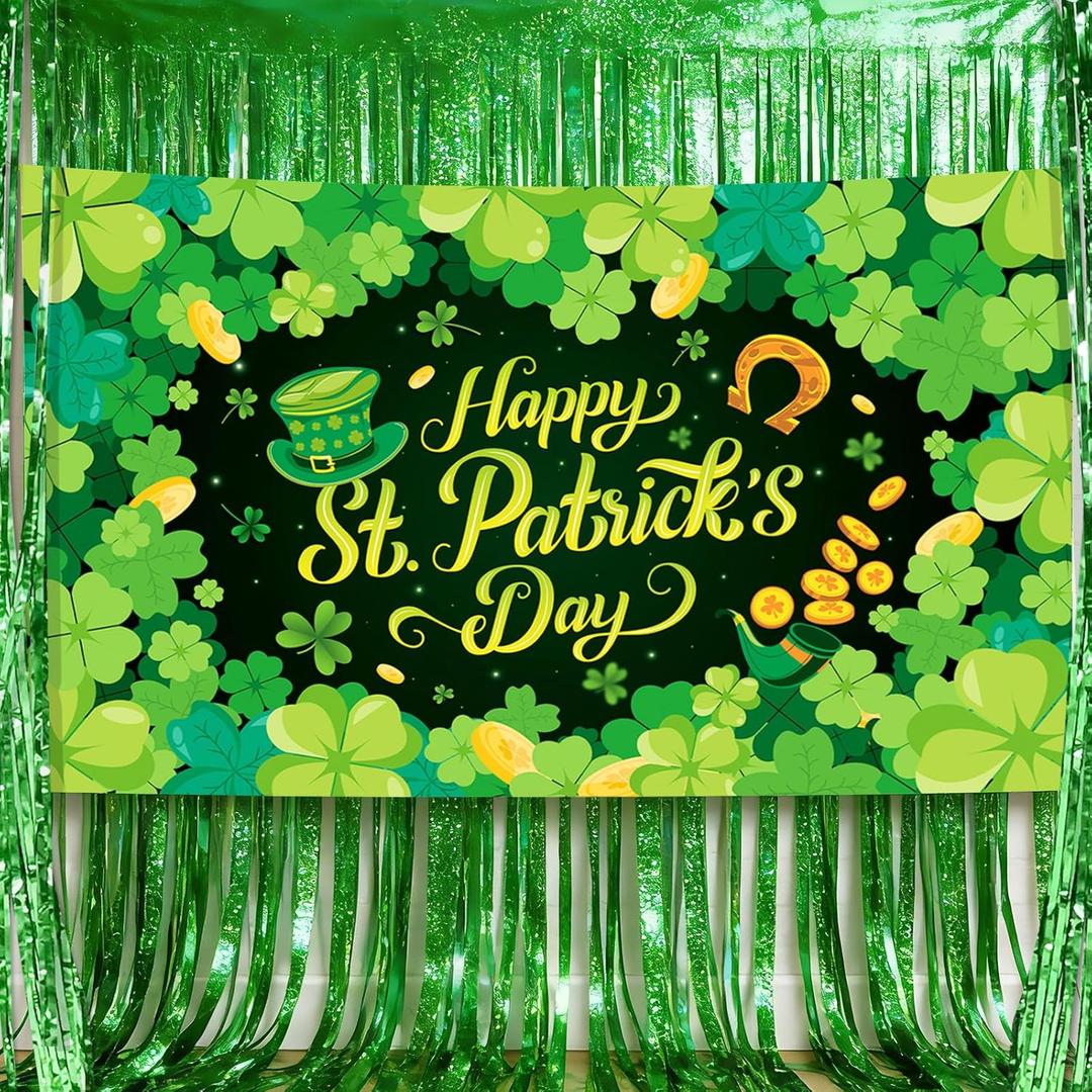 St Patricks Day Backdrop, Birthday Banner St Patrick's Day Decorations Fringe Curtain Streamers Shamrock Irish Luck Day Saint Backdrop Party Supplies (72x44 Inch)