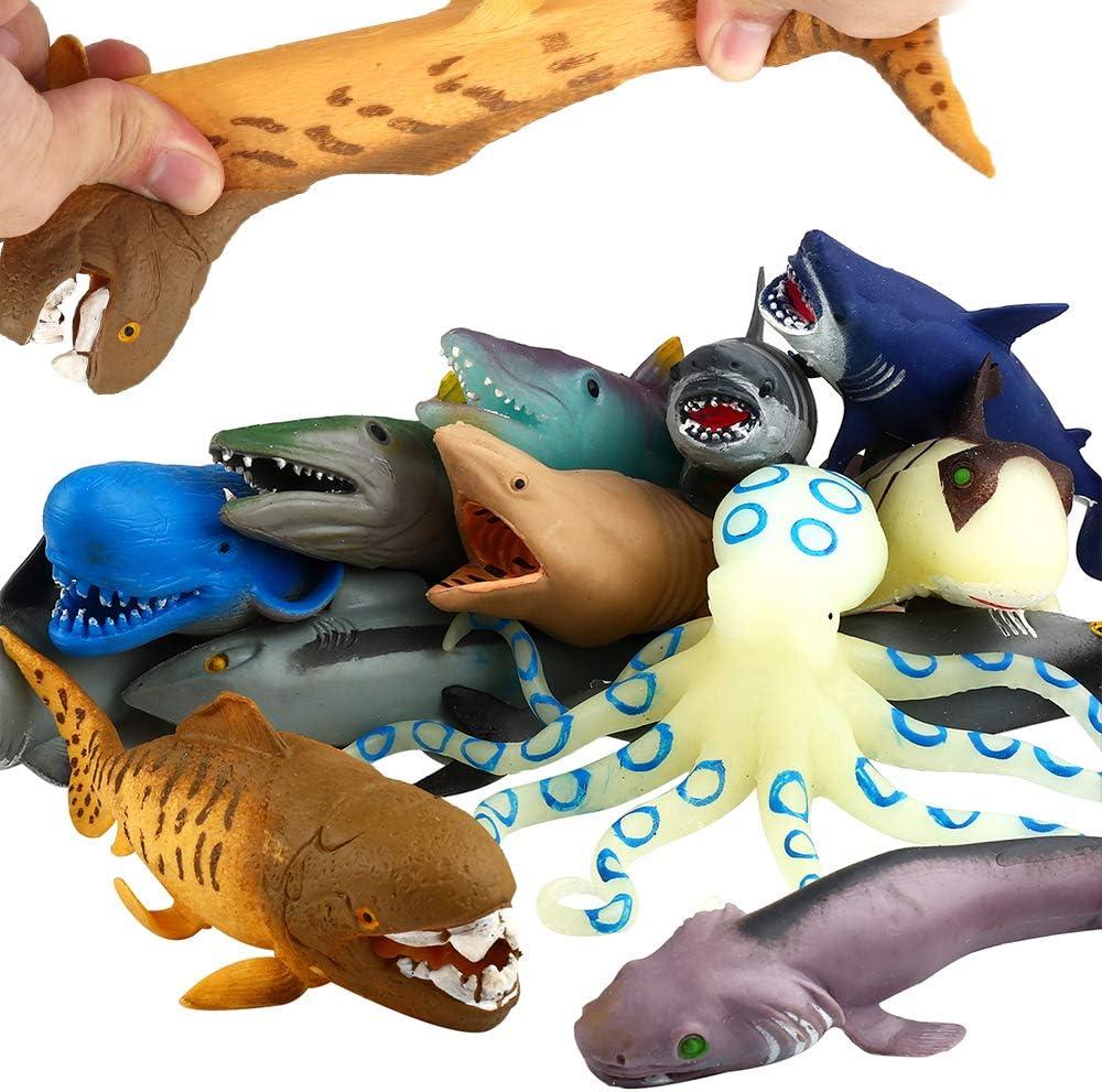 Ocean Sea Animal,8 Inch Rubber Bath Toy Set(8 Pack Random),Super Stretches Material TPR, Some Kinds Can Change Colour, ValeforToy Floating Bathtub Toy Party Shark Octopus Figure